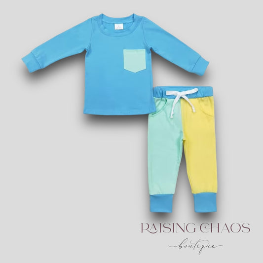 *PRE-ORDER* Blue Color Block Pants Set